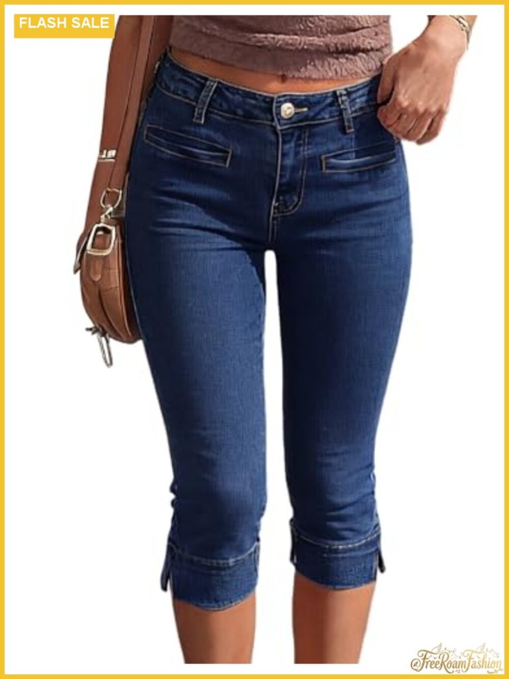 Women's Mid Rise Capri Jeans Stretch Denim Pants with Pockets